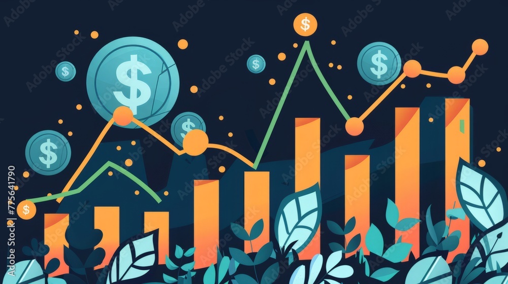 Financial development in business, showcasing increasing profit growth with upward trending graphs, currency symbols, and corporate imagery. Business and Financial Background
