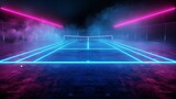 3D render of glowing neon tennis court on black background