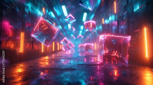 3D render of glowing neon tetrahedrons suspended in a surreal environment photo