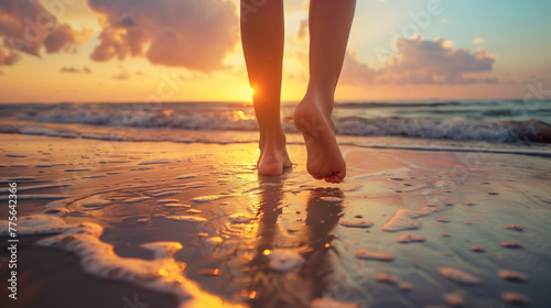 Close up portrait of young girl with beautiful feet walking on beach, waves coming to her feet, enjoying sunset and beautiful view