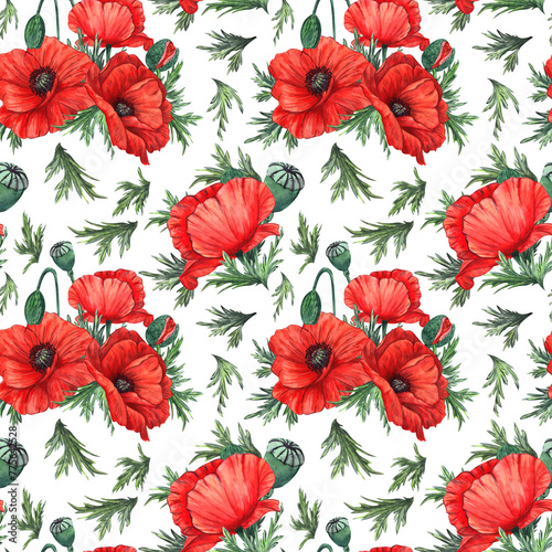Fototapeta Naklejka Na Ścianę i Meble -  Seamless watercolor pattern with red poppies and green leaves on a white background.
