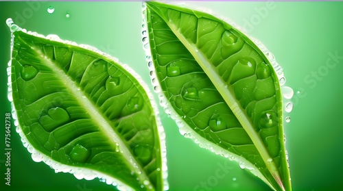 Green Leaf with Water Drops: A Fresh Macro Shot of Nature's Dew on Leaves photo