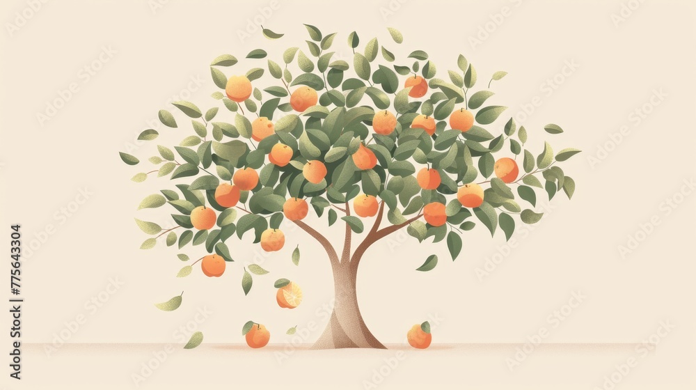 Flourishing Orange Tree, Vibrant Illustration of Growth and Vitality