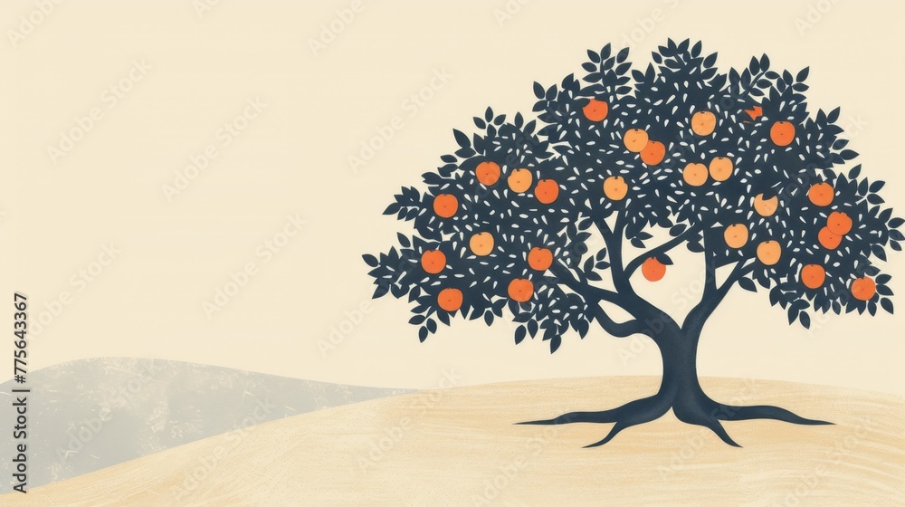 Fototapeta premium Solitary Orange Tree on a Hill, Symbolic of Isolation and Beauty