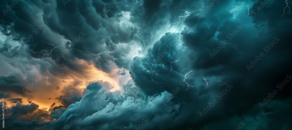 Naklejka premium dramatic sky with dark clouds and lightning, in the style of a thunderstorm, with a dark background, banner design. Dark clouds with lightning, a thunderstorm scene depicting natural weather. 