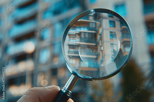 Searching new house for purchase. Rental housing market. Magnifying glass near residential building photo