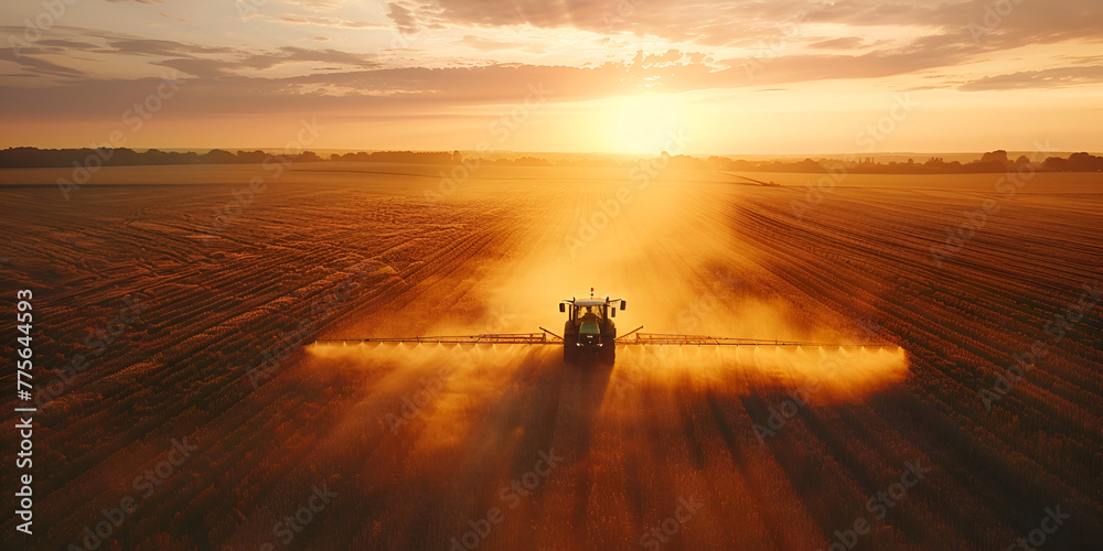  Aerial Drone View of Tractor Spraying Pesticides at sunset. generative ai 