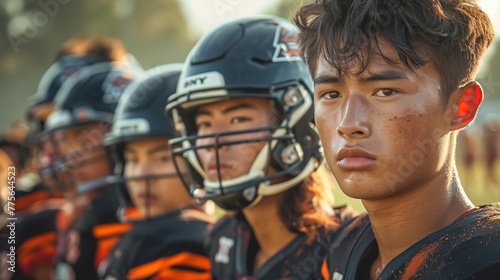 Gathering of young Asian American football athletes congregated on a field photo