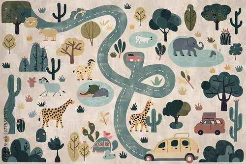 Kids carpet design. A zoo with roads, different animals in pastel colors, cars driving on the roads, a few trees and cactuses and two small lakes. Ground color in light beige