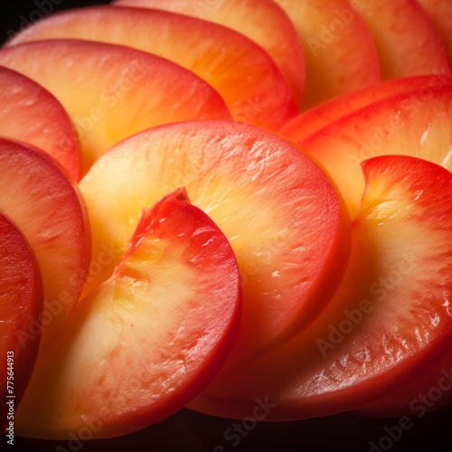 Sliced peach, juicy detail for ad, vibrant background, studio flash, macro view,realistic, isolated, fantasy, cute photo