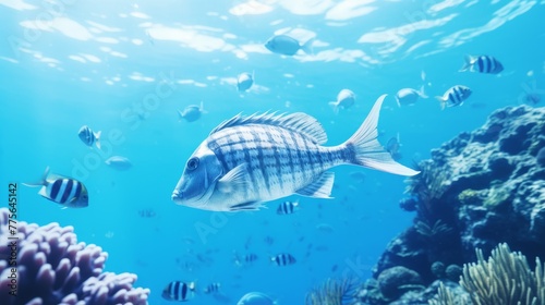 Majestic underwater nature fish swim in blue sea danger lurks 