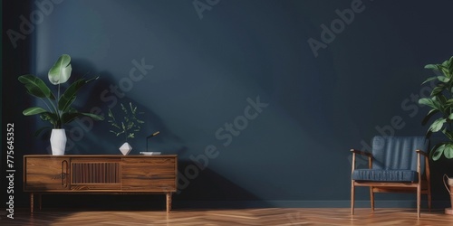 Dark blue wall mockup interior design of a modern living room with cabinet and armchair © MrMachyH
