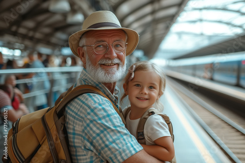 An elderly man grandfather and a little girl stand together on the platform of a busy station waiting for the train