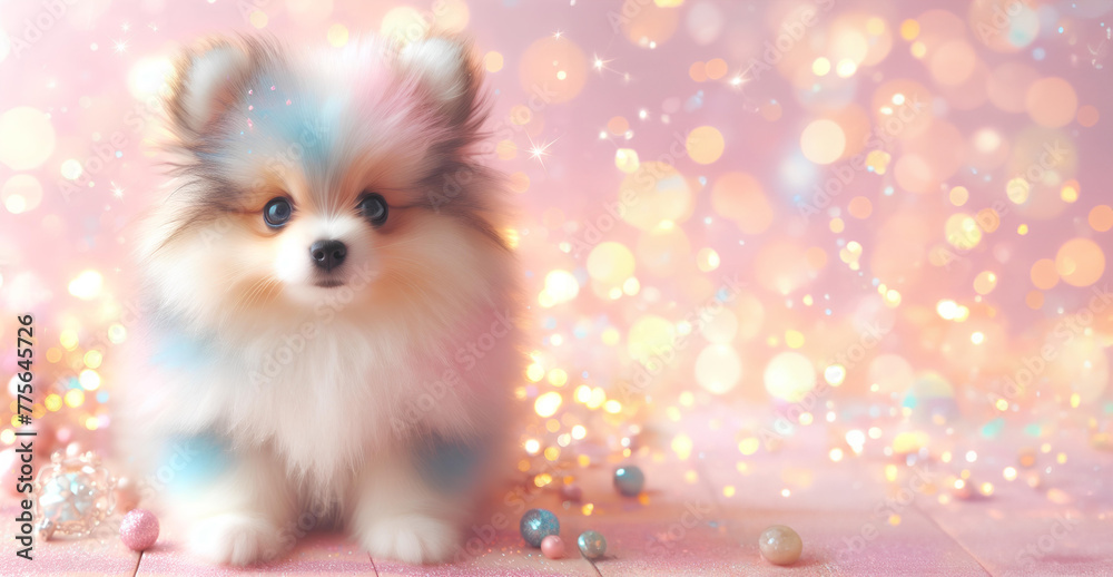 Lovely cute puppy with Christmas background pastel colour & Christmas decorate light bokeh Lovely cute puppy with Christmas background pastel colour & Christmas decorate light bokeh