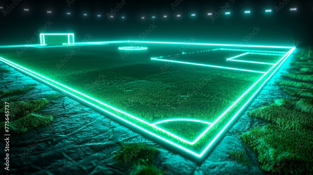 A 3D render of glowing neon soccer field of luminous green and deep blue A 3D render of glowing neon soccer field of luminous green and deep blue