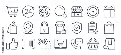 Online shopping and e-commerce editable stroke outline icons set isolated on white background flat vector illustration. Pixel perfect. 64 x 64.