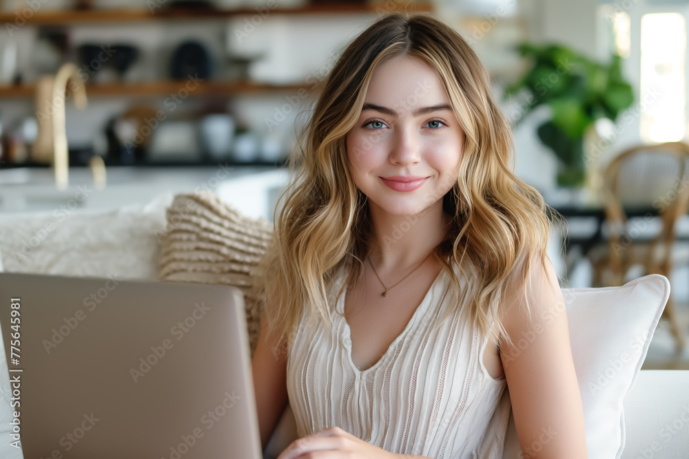 smiling young woman sitting on sofa using laptop. remote work or study concept smiling young woman sitting on sofa using laptop. remote work or study concept