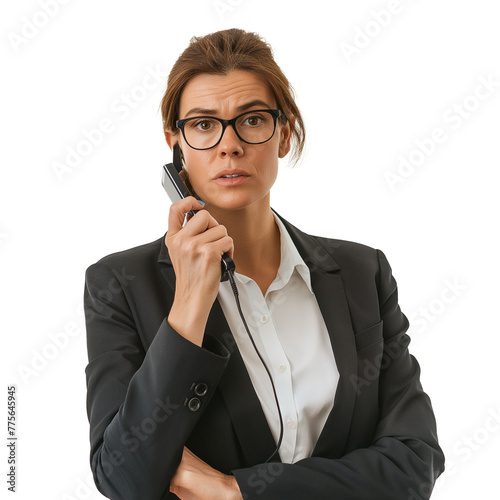  A businesswoman negotiating a deal over the phone, her expression determined against the simplicity of a transparent background .png