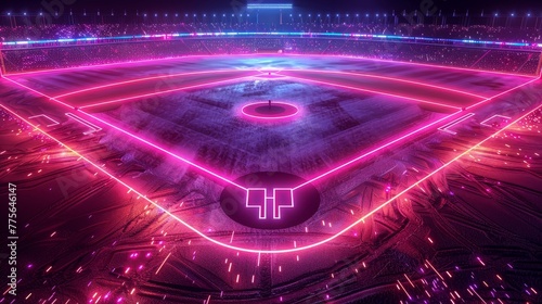 A dynamic 3D render of glowing neon baseball field