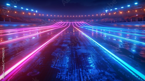 A futuristic 3D render of glowing neon track and field