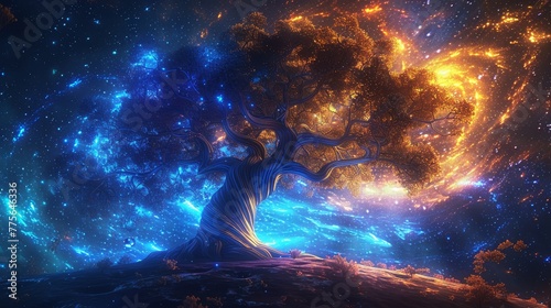 A glowing neon tree of life against a background of swirling galaxies
