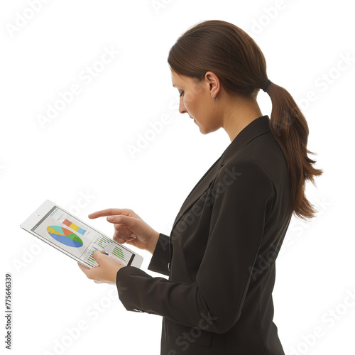  A businesswoman reviewing financial charts on her tablet against a crisp transparent background .png
