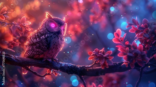 A mystical neon owl perched on a glowing branch in a surreal landscape