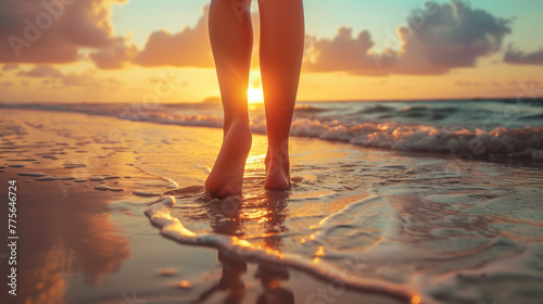 Woman walking in beach during sunset, barefoot and waves, close up portrait