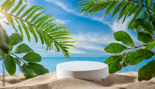 Shoreline Sophistication: White Circular Podium on Sandy Beach with Green Tropical Foliage and Tree Branch Against Blue Sky