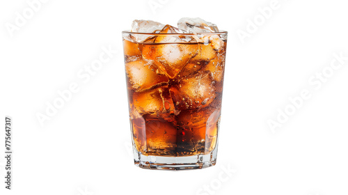 Root beer with ice on glass, isolated on white background