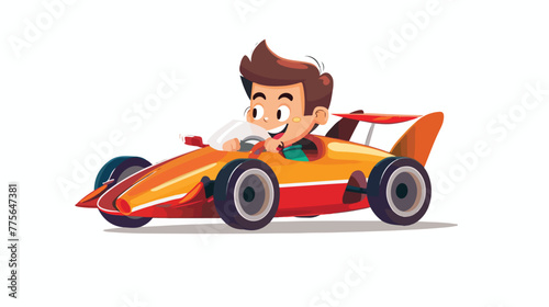 Little boy driving racing car Flat vector isolated