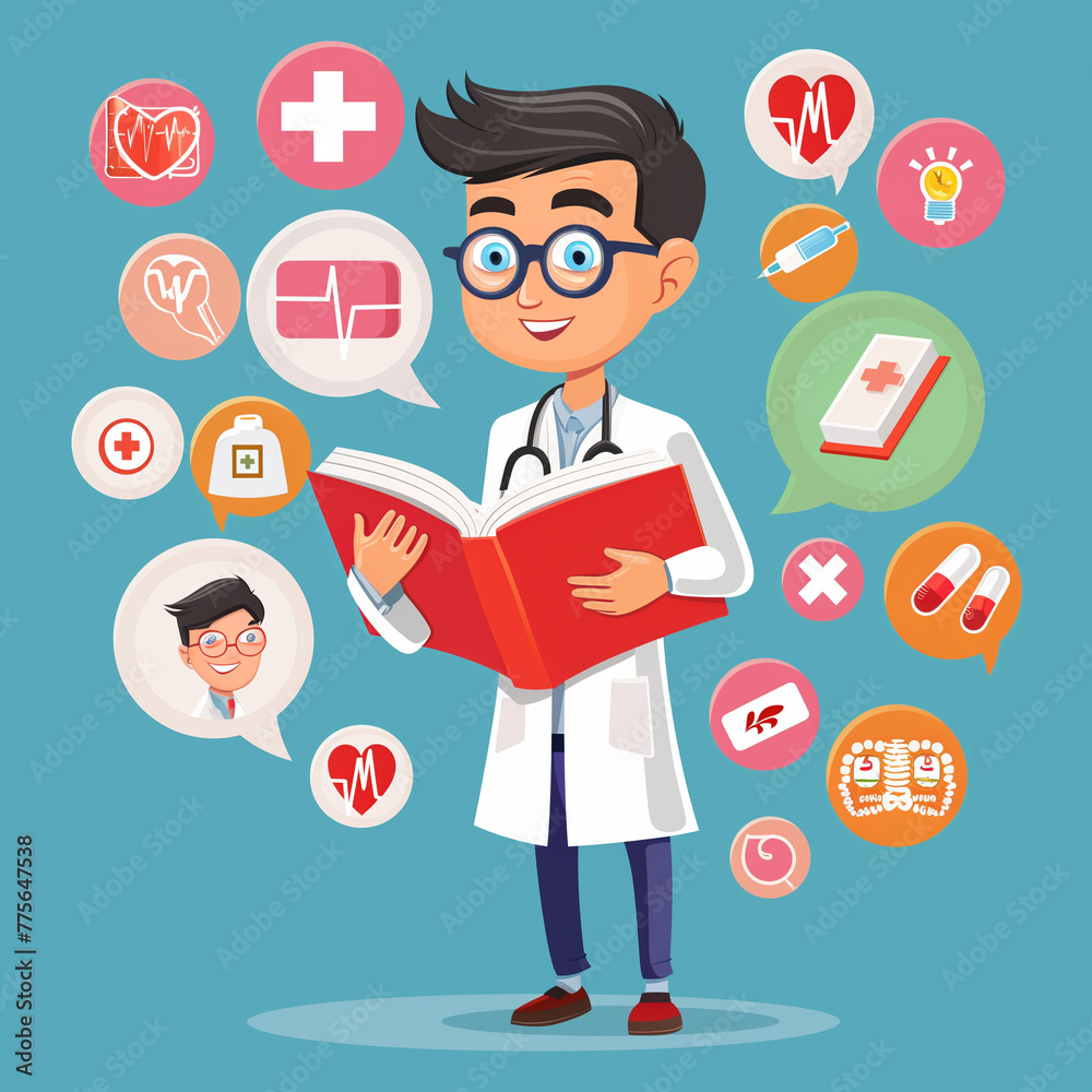 Friendly Cartoon Doctor with Medical Icons, Educational, Healthcare and Medicine Concept