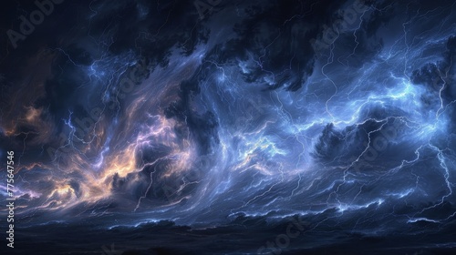 A dark sky with a stormy atmosphere. The sky is filled with clouds and lightning bolts. Scene is intense and dramatic