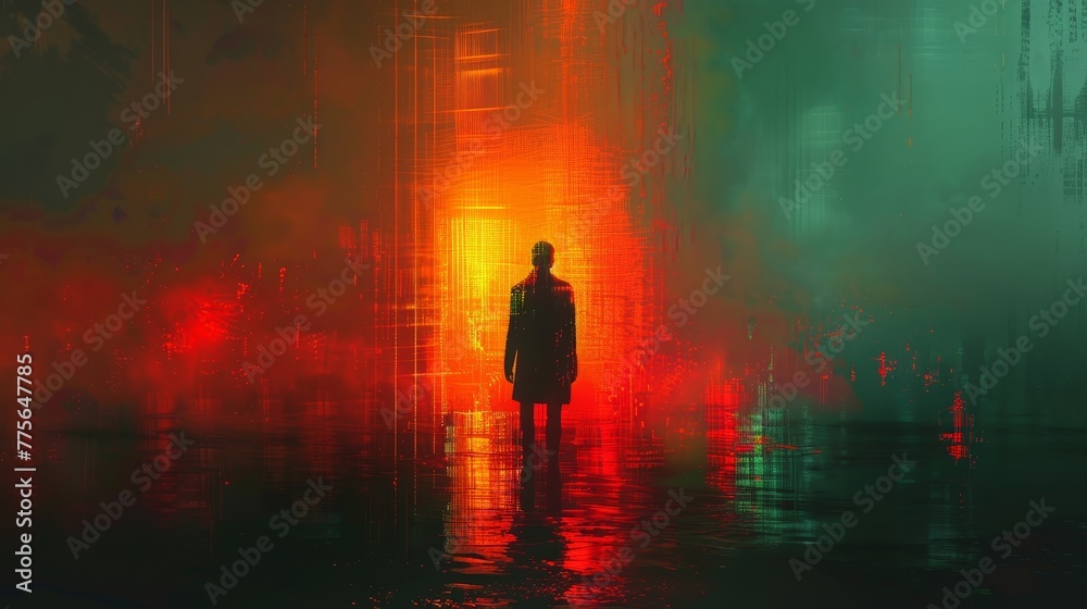 A man stands in a dark, red, and green environment. The man is wearing a black coat and he is looking at something in the distance. The scene is surreal and gives off a feeling of unease and mystery