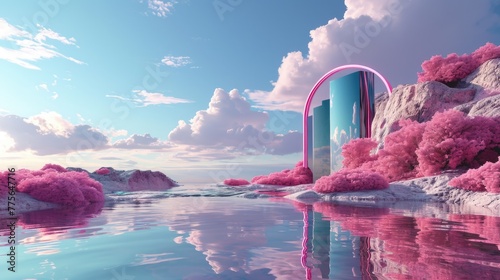 The metallic portal in the middle of the clear river that connected to the ocean that has surrounded with the bright blue cloudy sky and the pink desert with the pink tree and pink mountain. AIGX03. photo