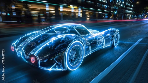 A car is shown in a neon light with a futuristic design. The car is on a road with a city skyline in the background. Scene is futuristic and exciting