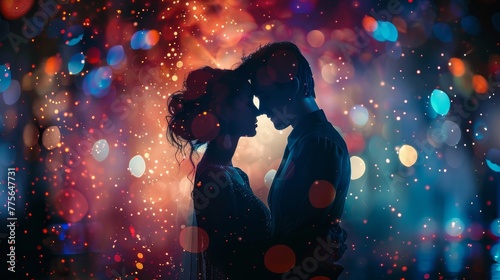 A couple is shown in a blurry image with a lot of light and dark colors. The man and woman are embracing each other, and the image has a romantic and dreamy feel to it © Sodapeaw
