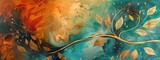 abstract tree branches with gold leaf, dark turquoise and orange background. elegant and luxurious, detailed foliage