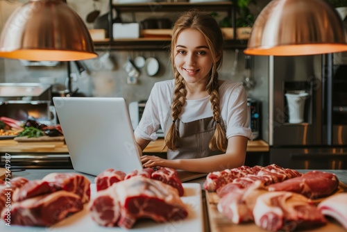 Steak And Software: A Determined Young Woman Delves Into Her Laptop Tasks, Her Workspace Adorned With An Array Of Meats, Illustrating Her Balance Between Work And Meat-Centric Sustenance