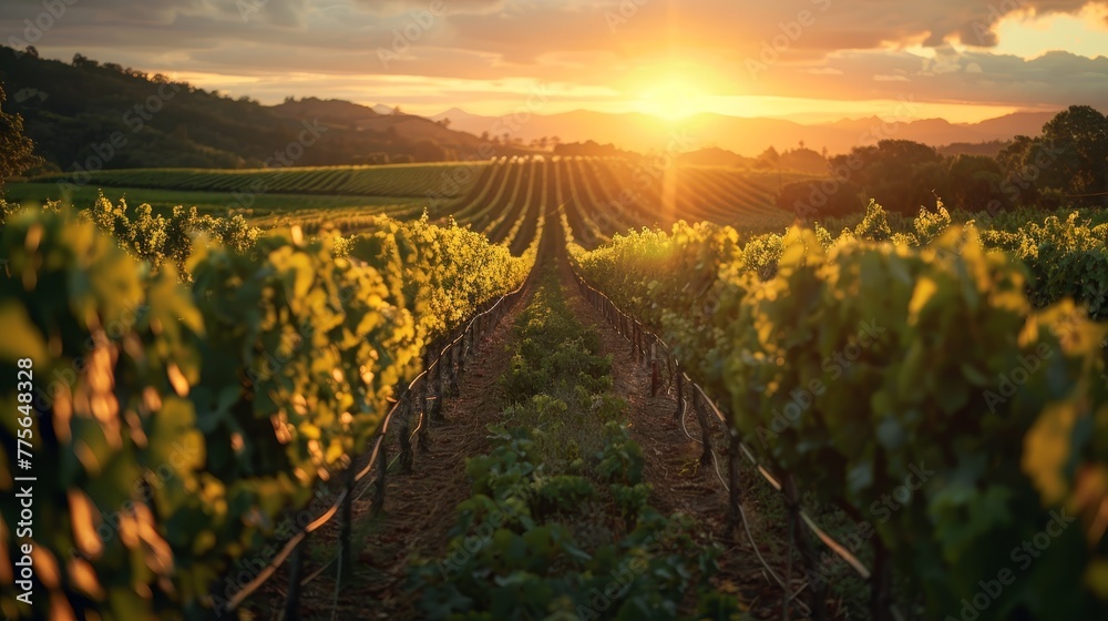A vineyard with a sun setting in the background. The sun is shining on the vines, making them look lush and green