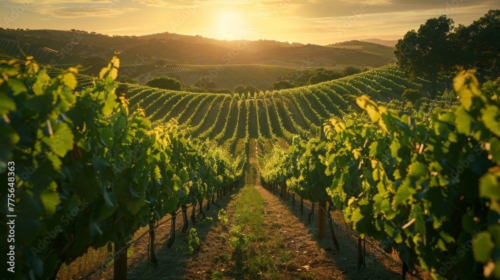 A vineyard with rows of green vines and a sun setting in the background