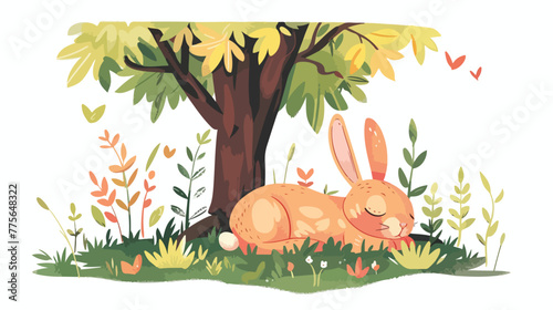 Rabbit sleeping under tree Flat vector isolated