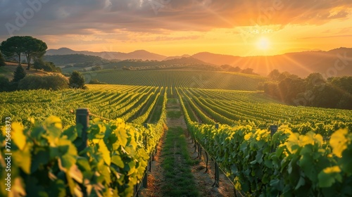 A vineyard with rows of vines and a beautiful sunset in the background. The sun is shining brightly  casting a warm glow over the entire scene. Concept of tranquility and serenity
