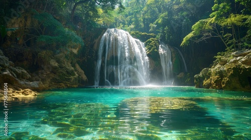 A waterfall is flowing into a pool of water. The water is clear and blue. The scene is peaceful and serene