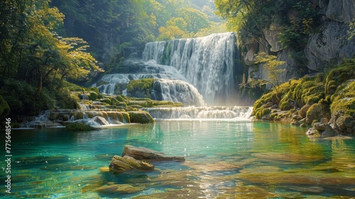 A beautiful waterfall is surrounded by lush green trees and a calm blue lake. The scene is serene and peaceful  with the water reflecting the sunlight and creating a tranquil atmosphere