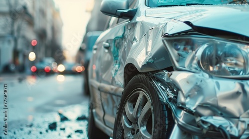 Road safety awareness concept. Close-up of a damaged vehicle after a collision, highlighting the crumpled metal and shattered light on a city street