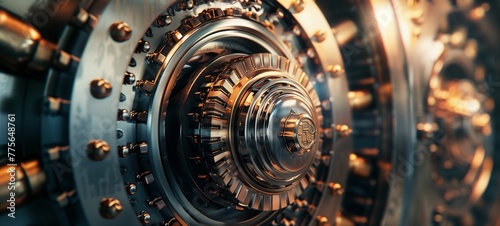 Financial security concept. A detailed close-up of a bank vault door with intricate locking mechanisms and golden tones, suggesting impenetrability and the secure protection of assets. photo