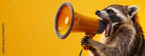 Playful announcement concept. A close-up of a raccoon seemingly shouting into an orange megaphone, set against a vibrant yellow backdrop, creating a humorous and eye-catching image. photo