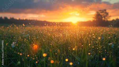 A field of grass with a sun setting in the background. The sun is setting behind the trees and the sky is orange