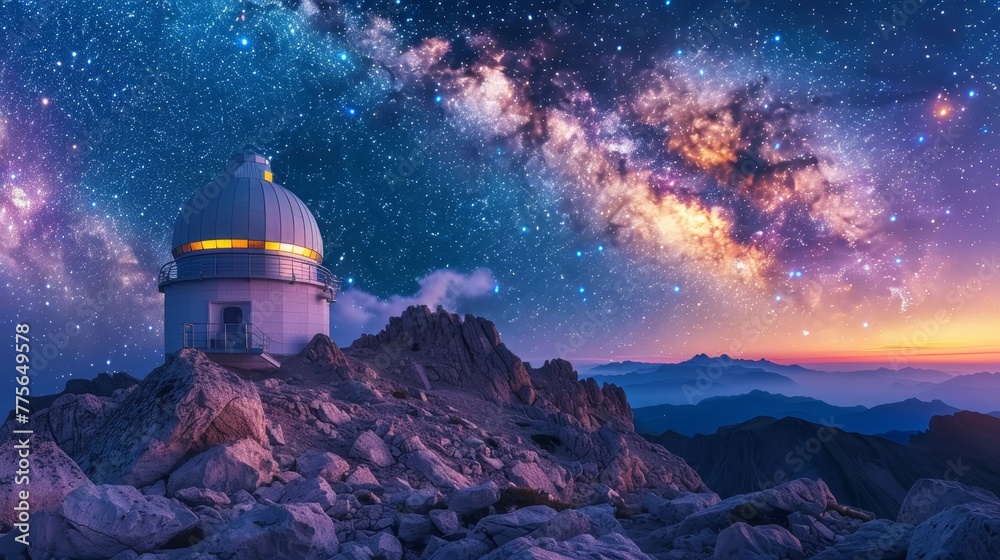 A small building with a dome on top is surrounded by a rocky hill. The sky is filled with stars and a beautiful purple and orange sunset. Concept of wonder and awe at the vastness of the universe
